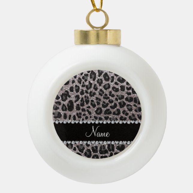 Custom name silver glitter leopard spots ceramic ball christmas ornament (Front)
