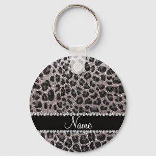 Custom name silver glitter leopard spots key ring