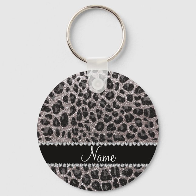 Custom name silver glitter leopard spots key ring (Front)