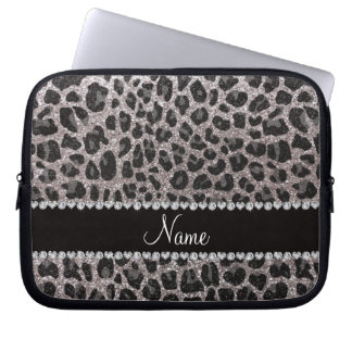 Custom name silver glitter leopard spots laptop sleeve