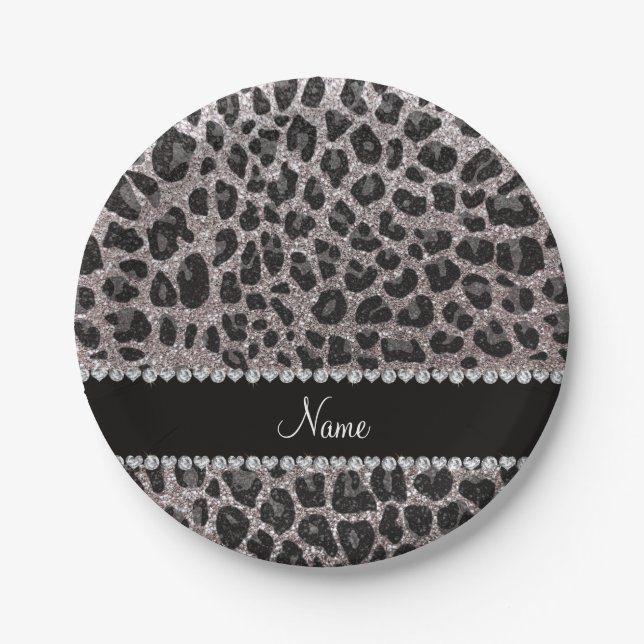 Custom name silver glitter leopard spots paper plate (Front)