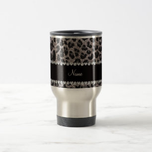 Custom name silver glitter leopard spots travel mug