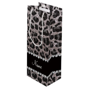 Custom name silver glitter leopard spots wine gift bag