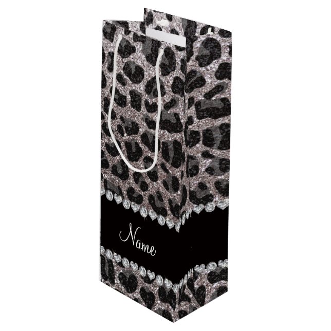 Custom name silver glitter leopard spots wine gift bag (Front Angled)