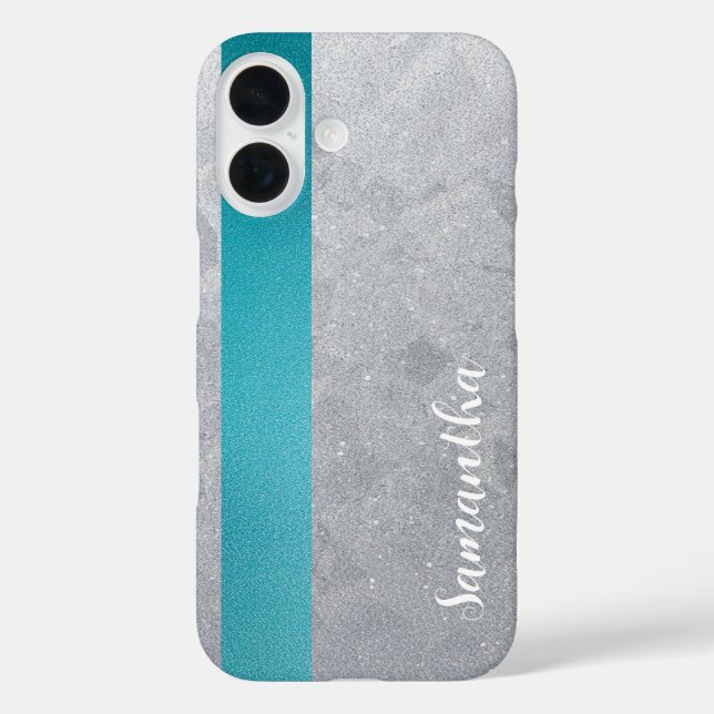 Custom Name Silver Glitter & Teal Stripe Textured Case-Mate iPhone Case (Back)
