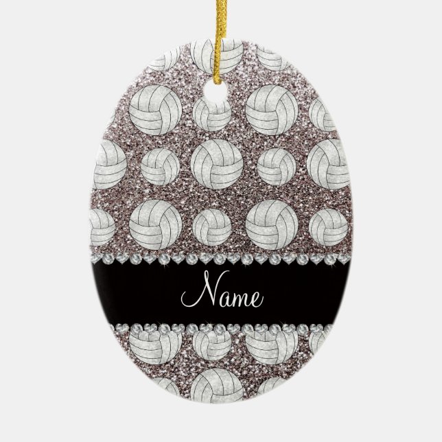 Custom name silver glitter volleyballs ceramic tree decoration (Front)