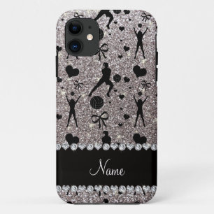 Custom name silver glitter volleyballs hearts bows iPhone 11 case