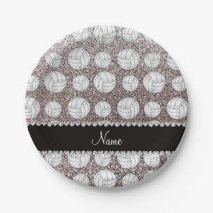 Custom name silver glitter volleyballs paper plate