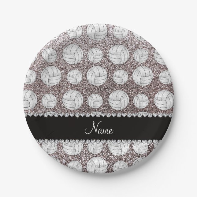 Custom name silver glitter volleyballs paper plate (Front)