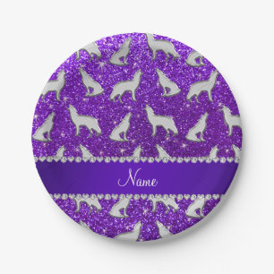 Custom name silver wolf indigo purple glitter paper plate