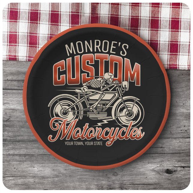 Custom NAME Skeleton Motorcycle Cycle Shop Paper Plate (Creator Uploaded)