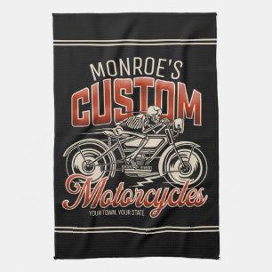 Custom NAME Skeleton Motorcycle Cycle Shop Tea Towel