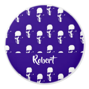 Custom name skulls on blue ceramic knob