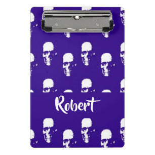 Custom name skulls on blue mini clipboard