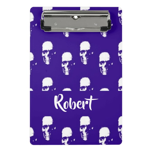 Custom name skulls on blue mini clipboard (Front)