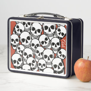 Custom Name Skulls on Burnt Orange background.  Metal Lunch Box