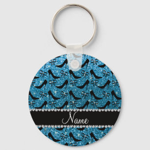 Custom name sky blue glitter black high heels bow key ring