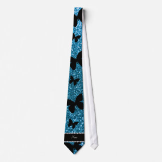 Custom name sky blue glitter butterflies tie