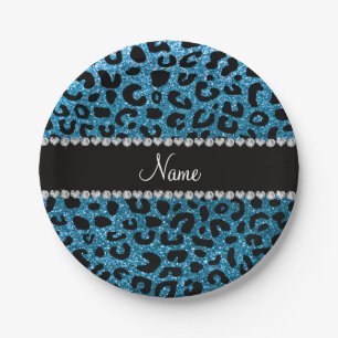 Custom name sky blue glitter cheetah print paper plate