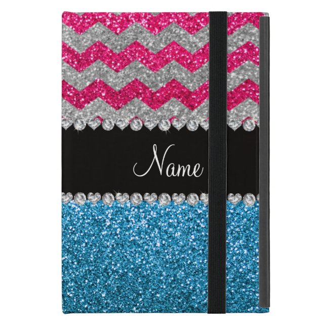 Custom name sky blue glitter pink glitter chevrons iPad mini case (Front Closed)