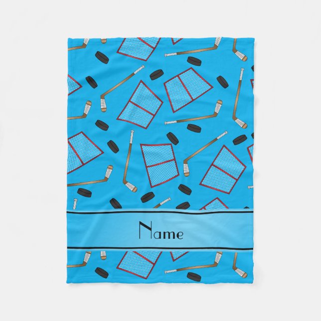 Custom name sky blue hockey sticks pucks nets fleece blanket (Front)