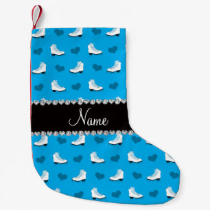 Custom name sky blue skates and hearts small christmas stocking