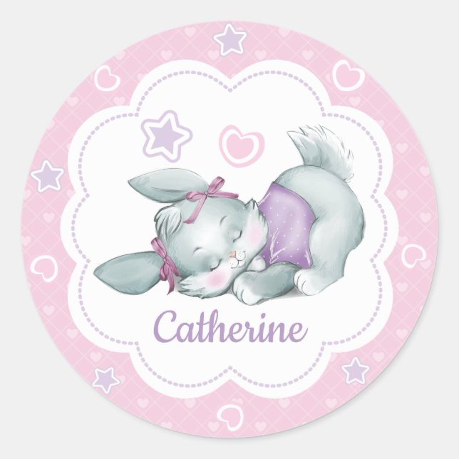 Custom name Sleeping Bunny in pink and purple Classic Round Sticker (Front)