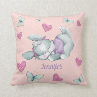 Custom name Sleeping Bunny in pink and purple Cushion