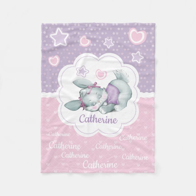 Custom name Sleeping Bunny in pink and purple Fleece Blanket (Front)