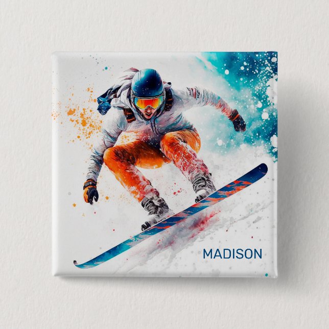 Custom Name Snowboarder Illustration 15 Cm Square Badge (Front)