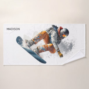 Custom Name Snowboarder Illustration Bath Towel