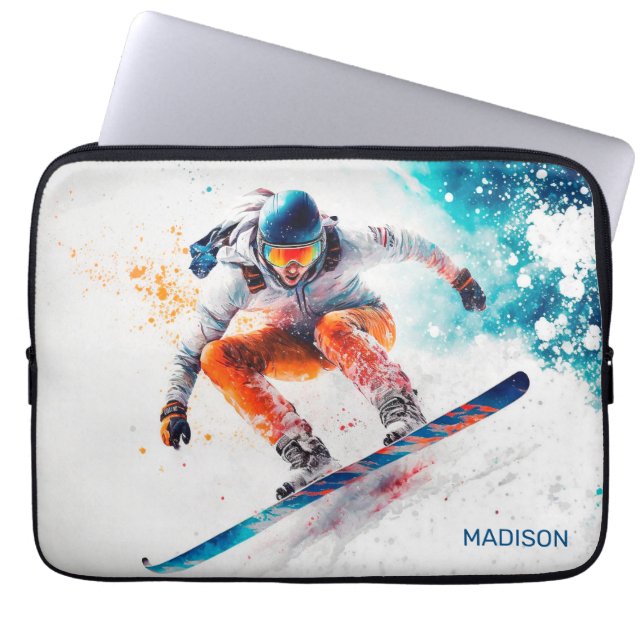 Custom Name Snowboarder Illustration Laptop Sleeve (Front)