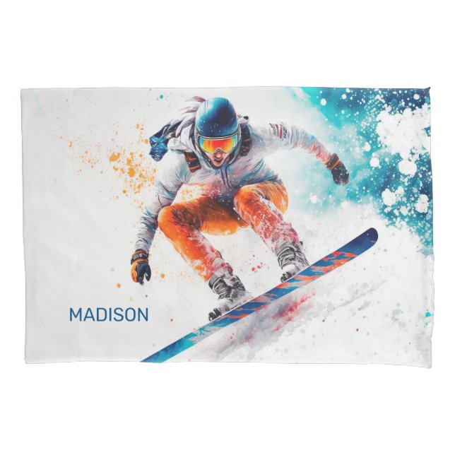 Custom Name Snowboarder Illustration Pillowcase (Front)