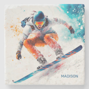 Custom Name Snowboarder Illustration Stone Coaster