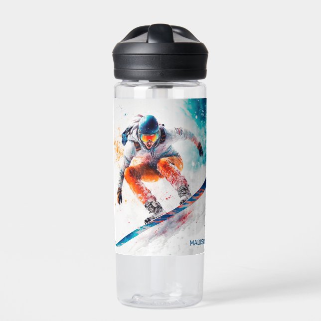 Custom Name Snowboarder Illustration Water Bottle (Front)