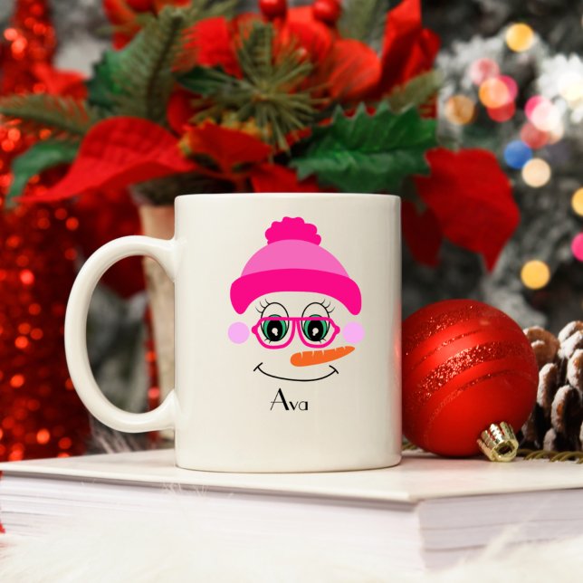 Custom Name Snowman Snowgirl Pink Hat Coffee Mug (Creator Uploaded)