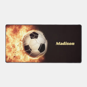 Custom Name Soccer Goal in Flames Desk Mat