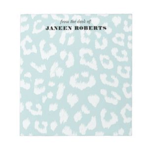 Custom Name Soft Aqua Blue Leopard Print Notepad
