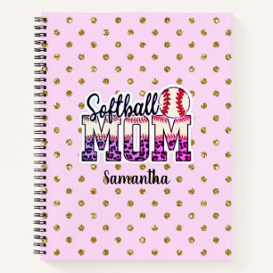 Custom Name Softball Mom Pink and Gold Polka Dot Notebook