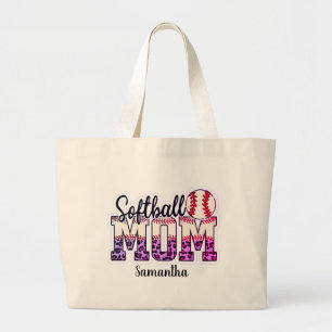 Custom Name Softball Mum Pink and Gold Polka Dot Large Tote Bag