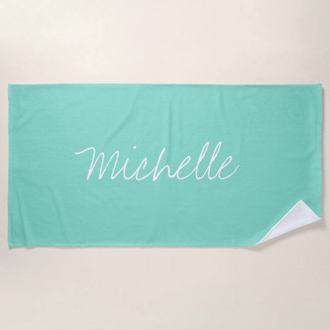 Custom Name Solid Mermaid Teal Beach Towel (Front)