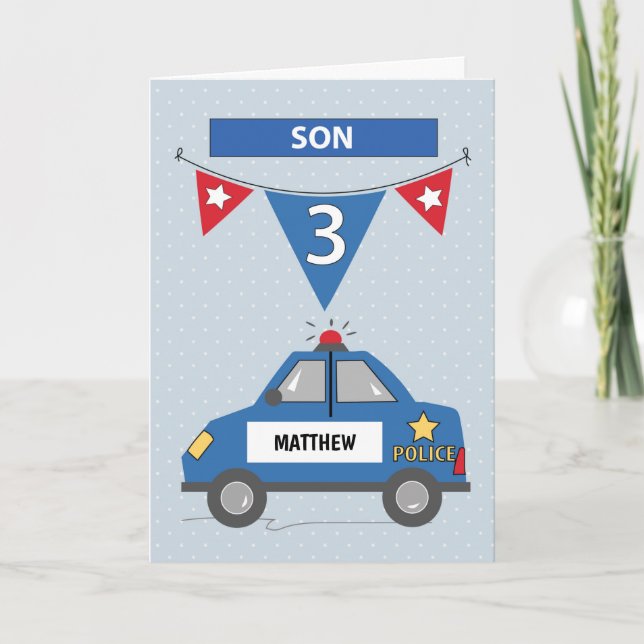 Custom Name Son 3rd Birthday Blue Police Car Card (Front)