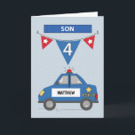 Custom Name Son 4th Birthday Blue Police Car Card<br><div class="desc">You should be readying this card as early as today as you join in the celebration of your dear son's 4th birthday. He will surely appreciate getting a fun card like this from you. Make his special day more special with this.</div>