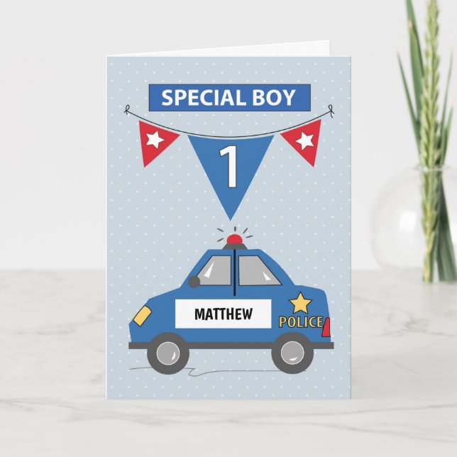 Custom Name Special Boy 1st Birthday Police Car Card (Front)