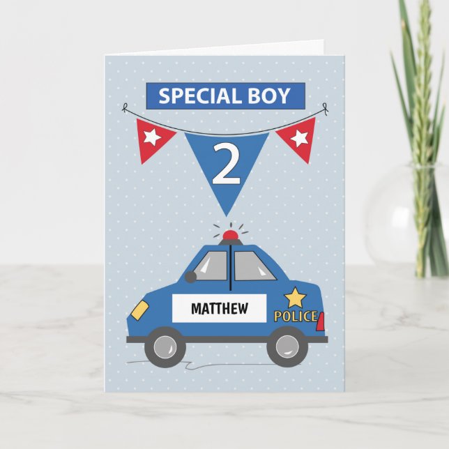 Custom Name Special Boy 2nd Birthday Police Car Card (Front)