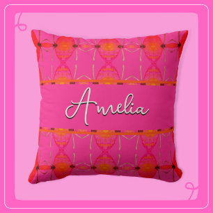 Custom Name Spicy Orange and Pretty Pink Cushion