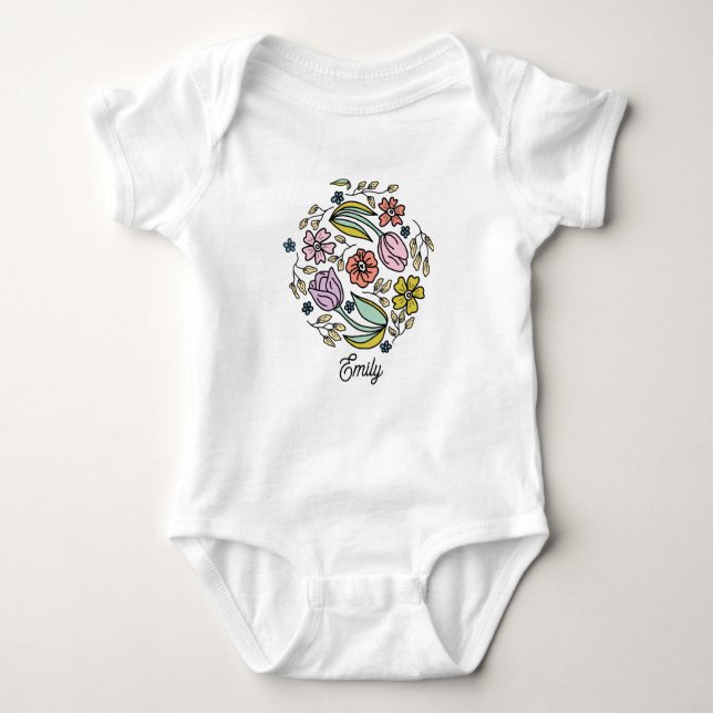 Custom name spring flower illustration Easter time Baby Bodysuit (Front)