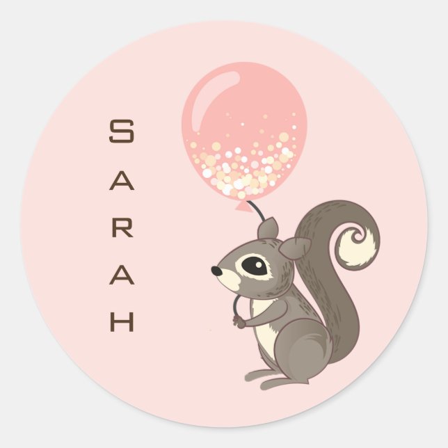 Custom Name Squirrel with Pink Balloon Classic Round Sticker (Front)