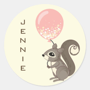 Custom Name Squirrel with Pink Balloon Classic Round Sticker