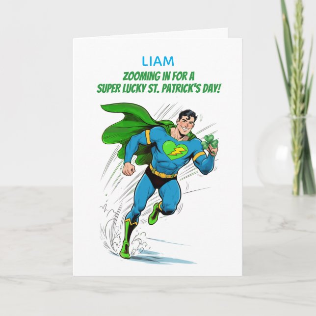 Custom Name St Patricks Day Super Lucky Hero Card (Front)